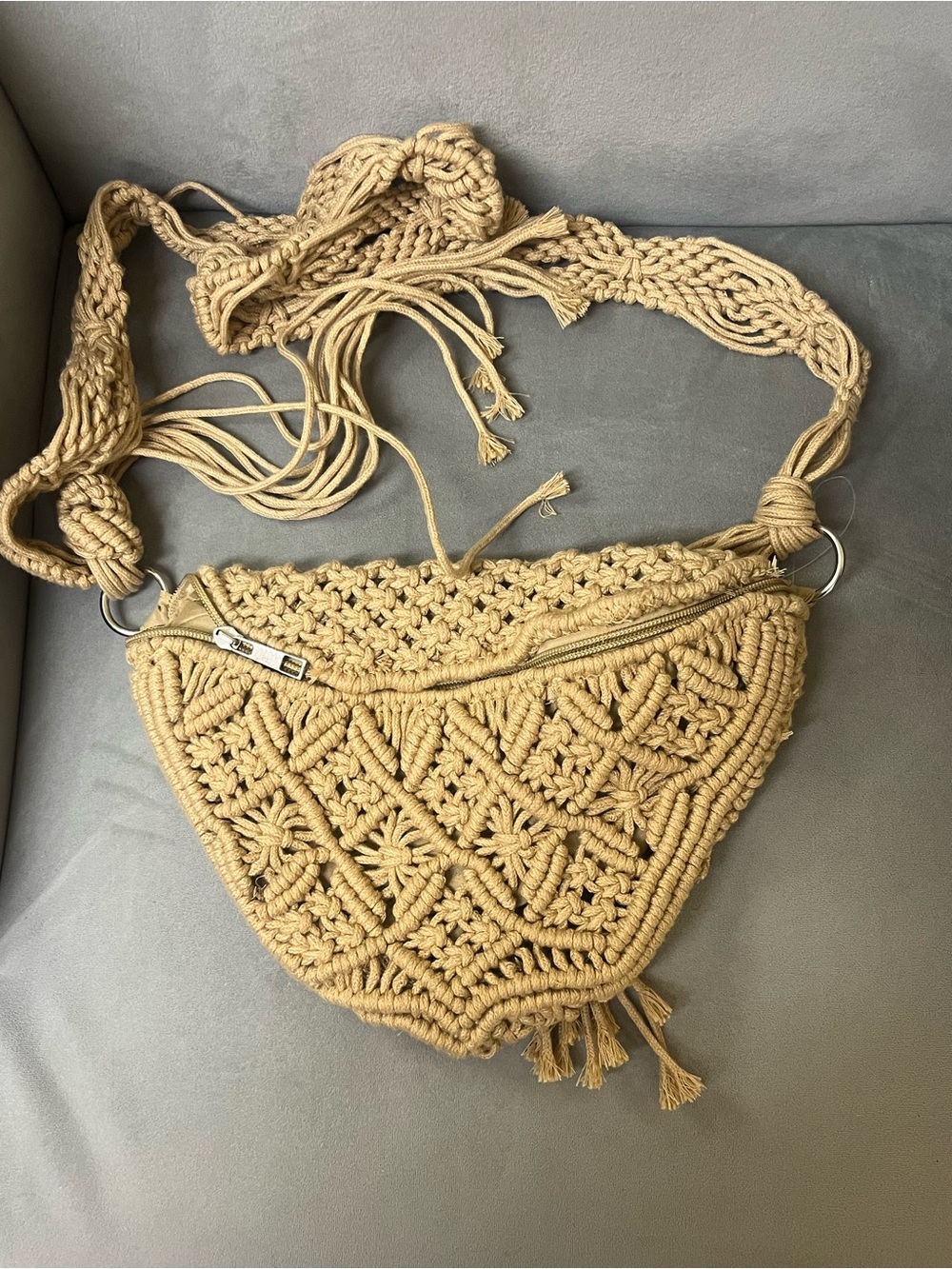 Boho Macrame Crochet Shoulder Bag Tan Woven Fringe Lined Zip Festival Bag